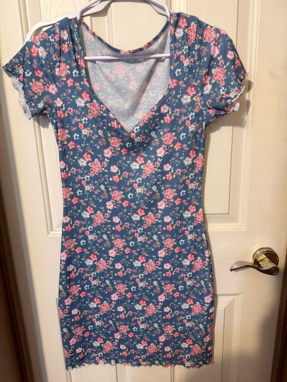 Blue Floral V-Neck Bodycon Dress with Pink Roses